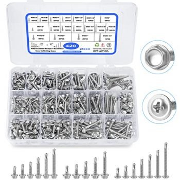 Self Drilling Screws, 420pcs Self Tapping Screws for Metal 410 Stainless Steel Sheet Metal Screws #8#10, CGBOOM Wafer Head&Washer TEK Head Screws for Building and Repair