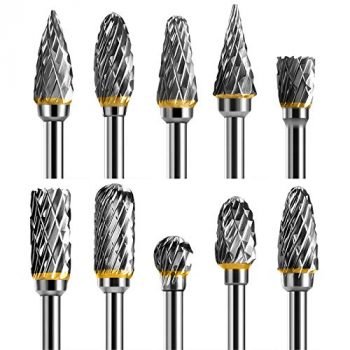 TianTac Tungsten Carbide Rotary Burr Set 10pcs, Carving Burr Bits, with 3mm Shank 6mm Bit for Wood & Stone Carving, Steel Metal Working