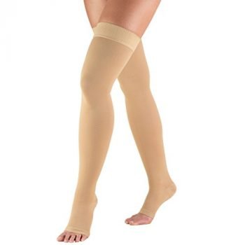 Truform 20-30 mmHg Compression Stockings for Men and Women, Thigh High Length, Dot-Top, Open Toe, Beige, Large