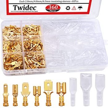 Twidec/360Pcs 2.8/4.8/6.3mm Quick Splice Male and Female Wire Spade Connector Crimp Terminal Block Assortment Kit Golden with Insulating Sleeve for Electrical Wiring Car Audio Speaker N-002