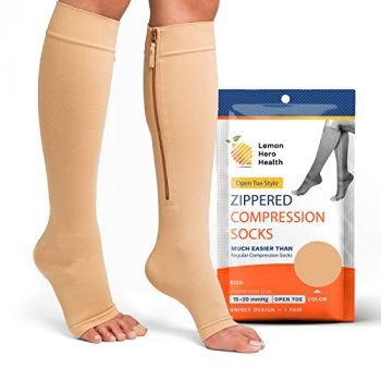 Zipper Compression Socks for Women and Men Open Toe 20-30mmhg Medical Zippered Compression Socks with Zip Guard for Skin Protection (5XL, Beige)