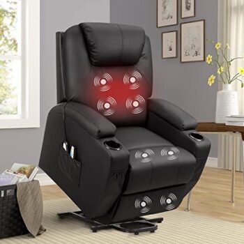 JUMMICO Power Lift Recliner Chair PU Leather Lift Chair for Elderly Massage and Heating, Ergonomic Living Room Recliner Classic Single Sofa with 2 Cup Holders Side Pockets Home Theater Seat (Black)