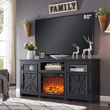 JXQTLINGMU Fireplace TV Stand for 80 Inch TV, Farmhouse Highboy Entertainment Center w/23'' Electric Fireplace & Corss Barn Door, Large TV Console for TVs Up to 80", 70 inches, Black
