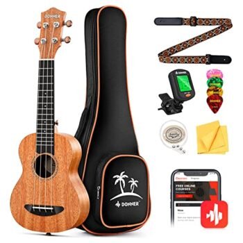 Donner Concert Ukulele Mahogany 23 Inch Ukelele Starter Bundle Kit with Free Online Lesson Gig Bag Strap Nylon String Tuner Picks Cloth DUC-1 Professional Ukalalee Yukalalee Gift