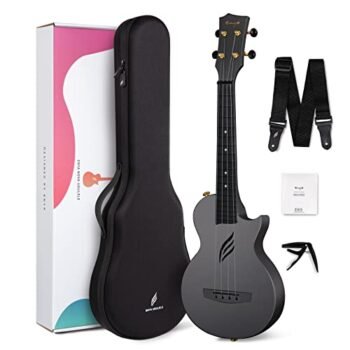 Enya Concert Ukulele Nova U 23’’ Carbon Fiber Travel Ukulele with Beginner Kit includes online lessons, case, strap, capo and strings (Black)