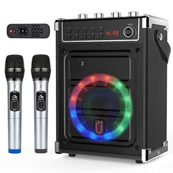 JYX Karaoke Machine with 2 UHF Wireless Microphones, Bluetooth Speaker with Bass/Treble Adjustment and LED Light, PA System Support TWS, AUX In, FM, REC, Supply for Party/Adults/Kids - Black