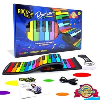 Rock and Roll It - The Original Rainbow Piano. Roll Up Flexible Piano Keyboard for Kids / Beginners. Portable 49 Keys Silicone Piano Pad. Play-by-Color Songbook Included!