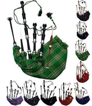 Scottish Full Size Bagpipe Rosewood or Black Finish with Silver Plain Mounts Free Tutor Book, Carrying Bag, Drone, Reeds (Black,National Green)