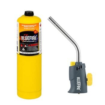 BLUEFIRE Trigger Start Gas Welding Torch Head with MAPP Kit,Extend 1.5" Tube Piezo Self Ignition Nozzle Fuel by MAPP MAP PRO Propane 1lb Handheld Cylinder Soldering Brazing Triple-Point Flame