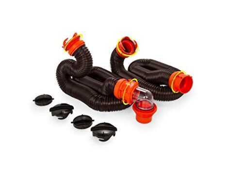Camco 20' (39742) RhinoFLEX 20-Foot RV Sewer Hose Kit, Swivel Transparent Elbow with 4-in-1 Dump Station Fitting-Storage Caps Included , Black , Brown