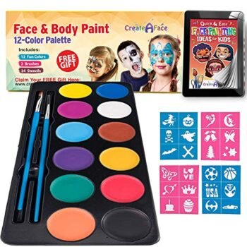 Face Paint for Kids - Vibrant Face Painting Colors, Stencils & 2 Brushes - Body Paint Face Paint Kids - Facepaint Kit Tutorials & E Book - Fun, Easy to Use & Hypoallergenic. For Toddler Teens & Adults