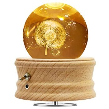 Figermoon 3D Crystal Ball Music Box with Projection LED Light and Rotating Wooden Base, Gift for Birthday Mother's Day, Music Boxs for Women Mom Daughter (Dandelion)