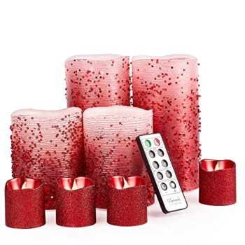 FURORA LIGHTING LED Flameless Candles with Remote – Battery-Operated Flameless Candles Bulk Set of 8 Fake Candles – Small Flameless Candles & Christmas Centerpieces for Tables, Red Glittery