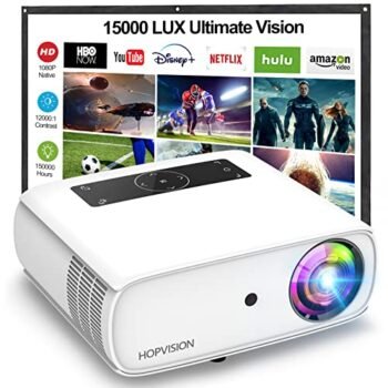 HOPVISION Native 1080P Projector Full HD, 15000Lux Movie Projector with 150000 Hours LED Lamp Life, Support 4K 350" Home Outdoor Projector for Smartphone/ PC/ Laptop/ PS4/ TV Stick/ EXCEL/ PPT