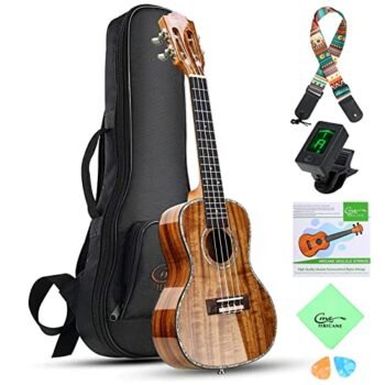 Hricane Professional Concert Ukulele 23 Inch for Adults, Koa Acacia Solid Wood Ukelele Beginners Kit Glossy Satin Finished Body with Gig Bag Tuner Strap Strings Set Pick