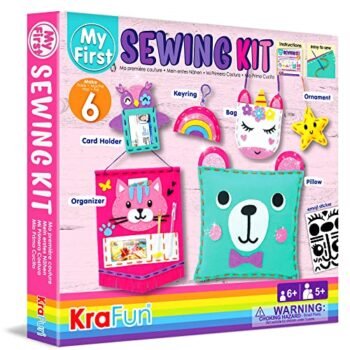 KRAFUN Beginner My First Sewing Kit for Kids Arts & Crafts, 6 Easy Projects of Stuffed Animal Dolls and Plush Pillow Craft, Instructions & Felt, Gift for Girls and Boys, Learn to Sew, Embroidery