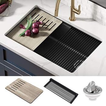KRAUS Bellucci Workstation 30-inch Undermount Granite Composite Single Bowl Kitchen Sink in Metallic Black with Accessories, KGUW2-30MBL