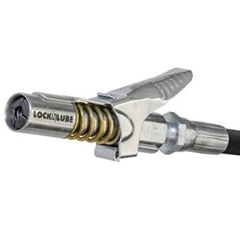 LockNLube Grease Gun Coupler locks onto Zerk fittings. Grease goes in, not on the machine. World's best-selling original locking grease coupler. Rated 10,000 PSI. Long-lasting rebuildable tool.