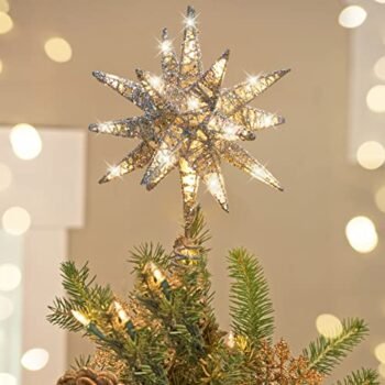 Luxspire Christmas Tree Topper, Christmas Decorations Tree Topper Light, 3D Star Christmas Lights Tree Top Battery Powered, Indoor Christmas Decoration Lights, Timer Function, Silver