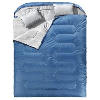MEREZA Double Sleeping Bag for Adults Mens with Pillow, XL Queen Size Two Person Sleeping Bag for All Season Camping Hiking Backpacking 2 Person Sleeping Bags for Cold Weather & Warm (Diamond Blue)
