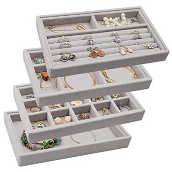 MINGRI Stackable Jewelry Organizer Trays Drawer Inserts,Velvet Earring Display Trays, Box Ring Holder Necklace Case, Storage for Bracelet Brooch Watch, Set of 4 (Gray)