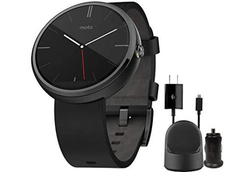 Motorola Moto 360 Timepiece Smart Watch - 1st Gen - Black Leather for Android Smart Phone - with Wall/Car Charger Dock (Renewed)