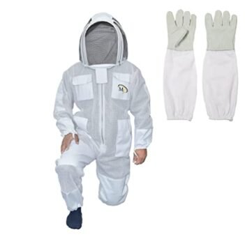 MS Professional 3 Layer Bee Suit Apiarist Ventilated Beekeeper Protective Suit with One Pair Gloves Apiary Beekeeping Suit Bee Sting Proof Suit with Fencing Veil (Medium, White)