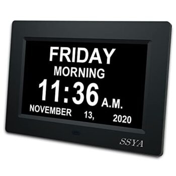 [Newest Version] 7 Inch Day Clock - 12 Alarm Options, Level 5 Auto Dimmable Display,Extra Large Impaired Vision Digital Clock with Non-Abbreviated Day & Month Alarm Clock (7 inch)