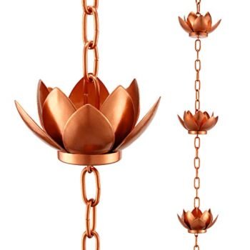 OAK LEAF Rain Chain Set, 8.5ft Copper Plated Rain Chain for Gutters with Adapter, Lotus Rain Chain Cups to Replace Gutter Downspout, Divert Water and Home Display, 12 Cups, Adjustable, Rose Gold