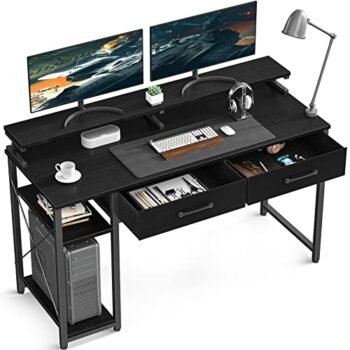 ODK Computer Desk 47" Table: Office Desk with Drawers & Wood Storage Shelves, Home Work Writing Desk & Large Space Monitor Stand, Black