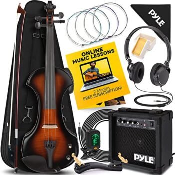 Pyle Full Size Electric Violin and Amplifier Kit, 4/4 Solid Wood Silent Fiddle with Hard Case, Bow, Ebony Fittings, and Digital Tuner