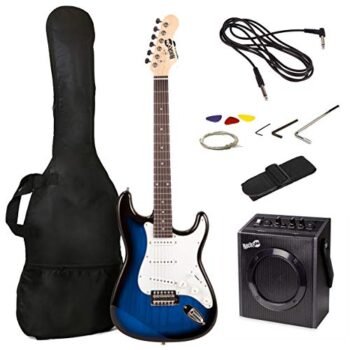 RockJam Electric Guitar Superkit with 10-watt Amp, Gig Bag, Picks & Online Lessons 6 String Pack, Right, BlueBurst, Full (RJEG03-SK-BB)