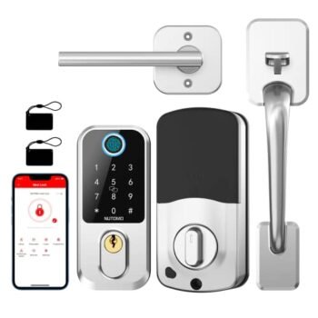 Smart Door Lock Handle Sets Keyless - Nutomo Fingerprint Deadbolt Handle Combo for Front Door - Auto Lock Electronic Digital Keypad App Code Bluetooth Alexa Key Fobs Entry for Airbnb Home - Silver