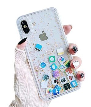 UnnFiko Liquid Glitter Case Compatible with iPhone XR, Hard Back Colorful Bling Quicksand with iOS icon Apple APP Shine Phone Case (Gold Glitter, iPhone XR)