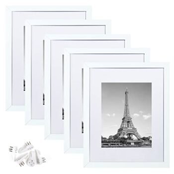 upsimples 11x14 Picture Frame Set of 5, Display Pictures 8x10 with Mat or 11x14 Without Mat,Wall Gallery Photo Frames, White