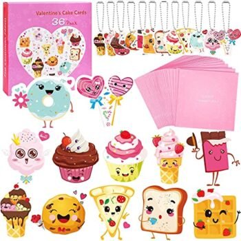 Valentines Day Cards For Kids - 36 Valentine Cards +36 Cute Keychains + 36 Pink Gift Envelopes, 12 Kids Snack Cards Party Favors, Greeting Cards Valentines Exchange Cards for Kids Boys Girls Classroom