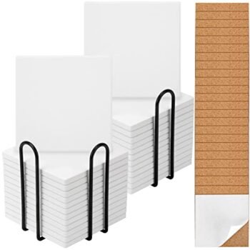 24 Pack Ceramic Tiles for Crafts Coasters with 2 Holder,White Unglazed Ceramic Tiles with Cork Backing Pads, Use with Alcohol Ink or Acrylic Pouring Make Your Own DIY Coasters (Square)