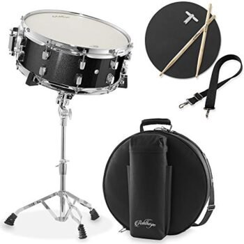 Ashthorpe Snare Drum Set with Remo Head (Black) - Student Beginner Kit with Stand, Padded Gig Bag, Practice Pad, Neck Strap, and Sticks