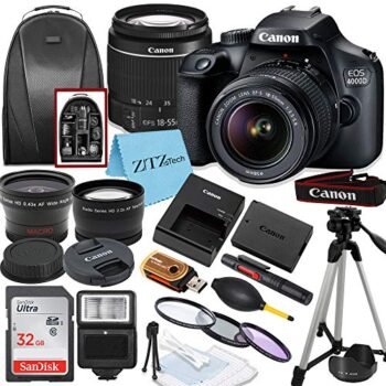 Canon EOS T100/4000D DSLR Camera with EF-S 18-55mm Lens, SanDisk Memory Card, Tripod, Flash, Backpack + ZeeTech Accessory Bundle (Canon 18-55mm, SanDisk 32GB) (Renewed)