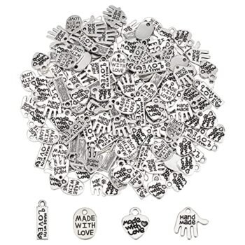 FINGERINSPIRE 200Pcs 4 Shapes Alloy Word Charms Pendants Handmade Made with Love Charms Oval/Heart/Rectangle/Hand Shapes Jewelry Making Accessories for DIY Necklaces, Bracelets, Key Chains