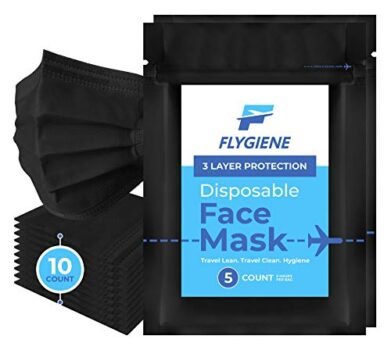 FLYGIENE Travel Size Face Mask | 10 Count | Breathable Travel Face Mask 3 Ply Black Disposable Face Mask for Adults | TSA Approved Air Travel Mask for Airplane Travel | Black | 10 Count (2 Packs of 5)