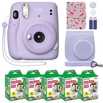 Fujifilm Instax Mini 11 Instant Camera Lilac Purple + Custom Case + Fuji Instax Film Value Pack (50 Sheets) Flamingo Designer Photo Album for Fuji instax Mini 11 Photos