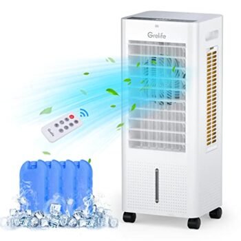 Grelife Evaporative Air Cooler, 3-IN-1 Portable Air Cooler with Fan &Humidifier, Oscillation Swamp Cooler with 3 Wind Speeds, 3 Modes, 4 Ice Packs, 12H Timer, Remote, for Bedroom Office Home Garage