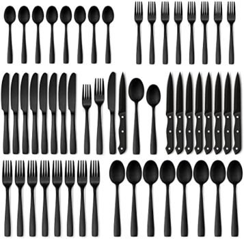 Hiware 48-Piece Matte Black Silverware Set with Steak Knives, Black Flatware Set for 8, Stainless Steel Tableware Cutlery Set, Utensil Sets for Kitchen, Hand Wash Recommended