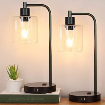 Industrial Touch Control Table Lamps Set of 2 - Black Bedside Lamps with 2 USB Ports and AC Outlet, 3-Way Dimmable Nightstand Desk Lamp for Bedroom Living Room, Glass Shade & 2 LED Bulbs Included
