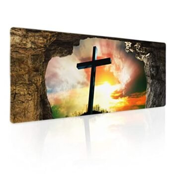 Jesus Cross Hole Gaming Mouse Pad XL Easter Christ Resurrection Faith Extended Big Large Desk Mat Non-Slip Rubber Base Stitched Edge Long Keyboard Mousepad for PC Computer Laptop,31.5×11.8 in