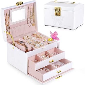 Jewelry Box for Girls Women, Jewelry Organizer Box 3 Layer with PU Leather, White Travel Jewelry Case with Mirror for Earring Ring Bracelet Necklace, Best Gift for Girls(Rose Lock & Butterfly Print)