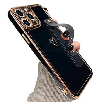 KANGHAR Designed for iPhone 13 Pro Case with Wrist Strap Loop Luxury Love Heart Plating Gold Bumper Phone Cover Wristband Kickstand Full Body Protective Slim Case for Women-Black
