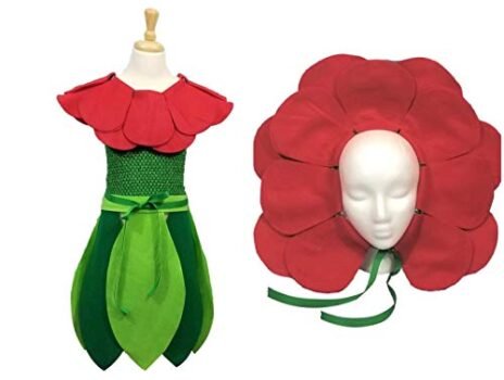 Kids Red Rose Flower Costume Set - Flower Headband, Lined Crochet Top & Leaf Skirt