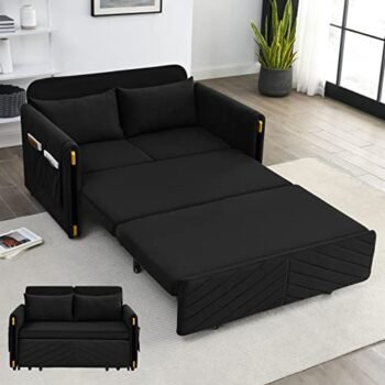 KIVENJAJA Convertible Sleeper Sofa Bed, Modern Velvet Loveseat Couch with Pull Out Bed, Small Love Seat Futon Sofa Bed with Headboard, 2 Pillows & Side Pockets for Living Room, 54” (Black)